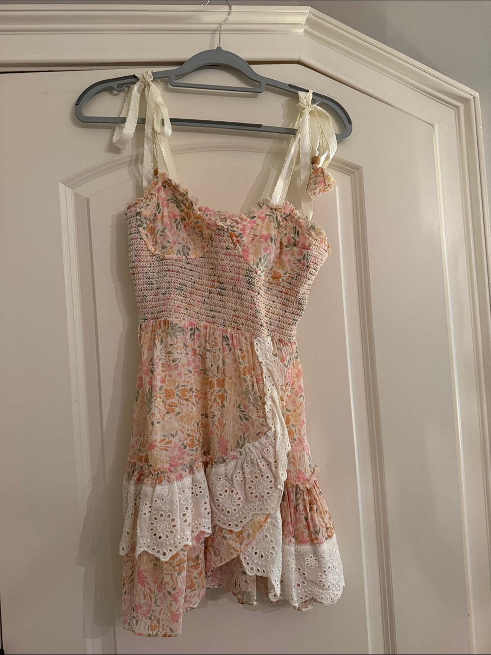Floral Smocked Mini Dress with Eyelet Trim - Pink Cream